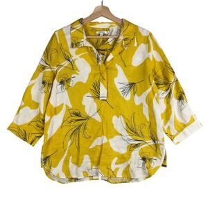Chico's Shirt women sz 1 100%‎ Linen Yellow floral blouse 3/4 sleeve button back